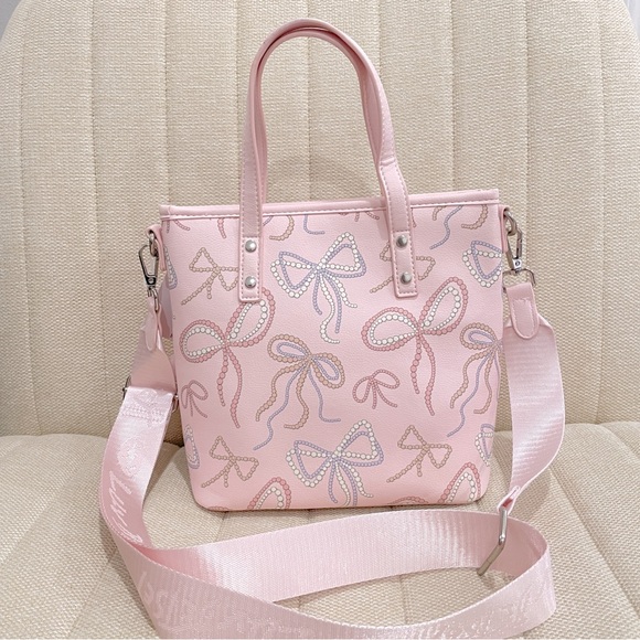 New Luv Betsey Johnson Pink Bow Mini Tote LBKLARA Bag Pom Pom Coquette Feminine - Picture 4 of 9